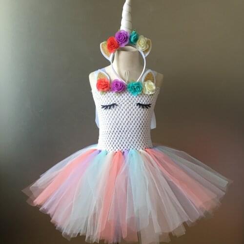 Girls Pastel Unicorn Flower Tutu Dress Baby Crochet 2Layers Rainbow Tulle Dress with Headband Kids Party Cosplay Costume Dresses