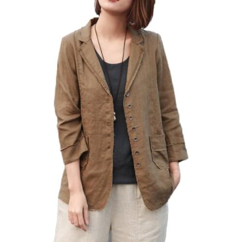Vintage Suit Jacket Women Oversized Cotton And Linen Lapel Nine Sleeve Casual Blazer 2019 New Spring Shirt Coat