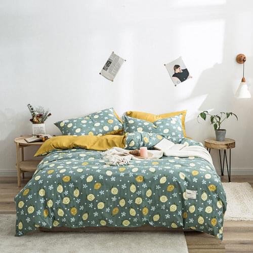 Papa&Mima Yellow Lemons Fruits Green Duvet Cover Set Microfiber Queen Size Bedding Set Bedlinens Flat Sheet Pillow Cases