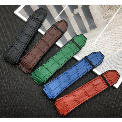 New Black Red Green Brown Blue Cow Leather Rubber watch band 25*17mm For Hublot strap for Big Bang Watchband logo on tools