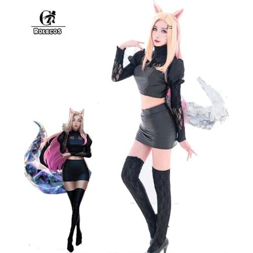 ROLECOS Game LOL KDA Ahri Cosplay Costume LOL KDA The Baddest Ahri Cosplay Sexy Women Black Uniform Costume Halloween Skirt Sock