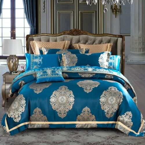 Blue Brown color Luxury Royal Bedding Set Queen King size Bed set Cotton Bed/Flat Sheet set Satin Jacquard Duvet cover Bedlinen