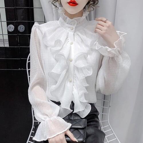 Spring Autumn Women Long Sleeve Shirt Palace Style New Ruffles Blouse Female Loose British Shirt Fungus Lace Basic Lolita White