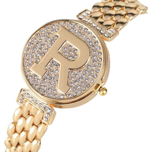 Letter R Crystal Diamond Unique Flip Cover Quartz Watch Fashion Bling Casual Ladies Bracelet Watch Golden Watch feminino relogio