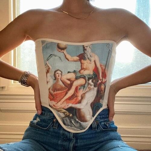 Vintage Y2K Women Oil Painting Printed Corsets Bustiers Crown Fishbone Girdle Slim Waist Belt Underbust Corset Top Curve Shaper