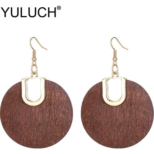 YULUCH Ethnic Big Drop Earrings Fashion Jewelry Pop Women Round Natural Wooden Golden Black Metal Long Dangle Earrings For Women
