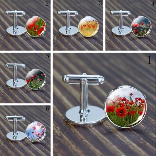 Poppy Flowers Cufflinks for Men Glass Cufflink Set Jewelry Wedding Suit Shirt Poppy Cuff Links Man Husband Accessories Gifts