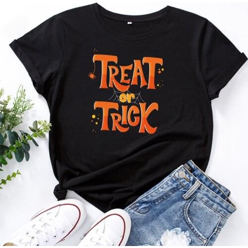 Women Summer Short Sleeve Cotton T Shirt Oversized Halloween Letters Print Casual O Neck Tee Top Camisetas Mujer