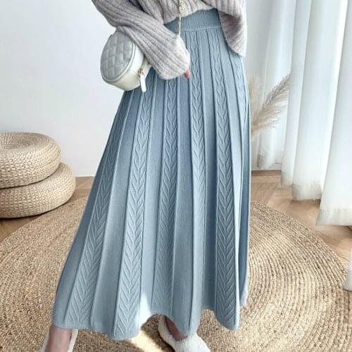 Cashmere Knitted Skirt 2020 Winter Women Draped Rib Pleated Skirt Long Skirt Female Autumn Ladies High Quality Midi Skirt Saia