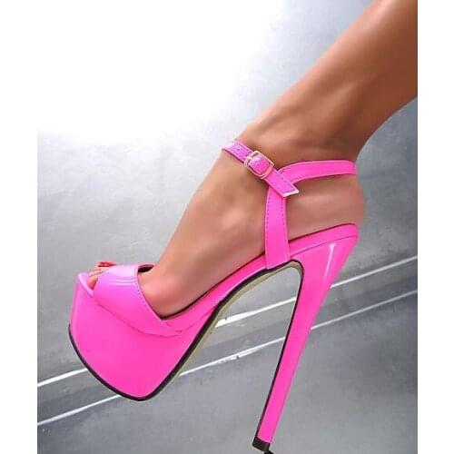 Carpaton Summer Fashion Rose Pink Leather Platform High Heel Sandal Super High Open Toe Ankle Strap Gladiator Sandal Woman Shoes