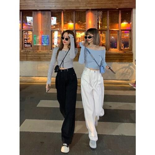 2021 Summer Womens High-Waist Straight-Leg Jeans Black And White Belt Wide-Leg Womens Casual Pants Draped Trousers
