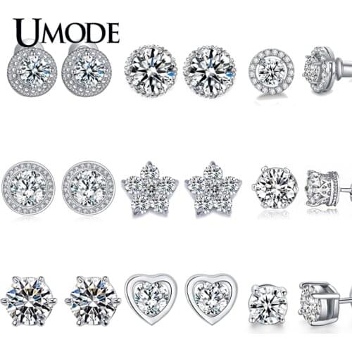 UMODE Fashion Korean AAA+ Clear Cubic Zirconia Small Stud Earrings for Women Flower Heart Round Star Waterdrop Jewelry UE0012X