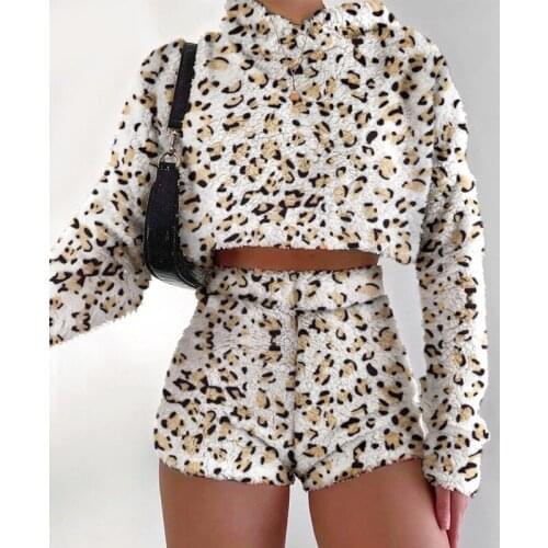 Autumn Winter Womens Suit Long-sleeved Leopard Print Short Top+Shorts Sportswear Plush Soft Homewear Sets New Arrival 2 Pieces