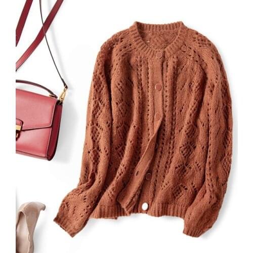 Elfbop Women Mohair Wool Knitted Hollow Out Jumper Sweater - White/Red/Gray/Khaki Long Sleeve Knit Cardigan Top