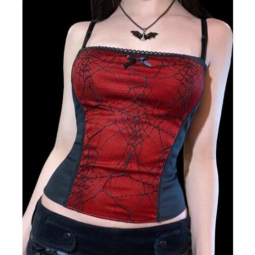 E-girl Vintage Women Spider Net Mesh Camis Top Gothic Grunge Zipper Backless Cropped Y2K Aesthetic Bow Patchwork Summer Tops