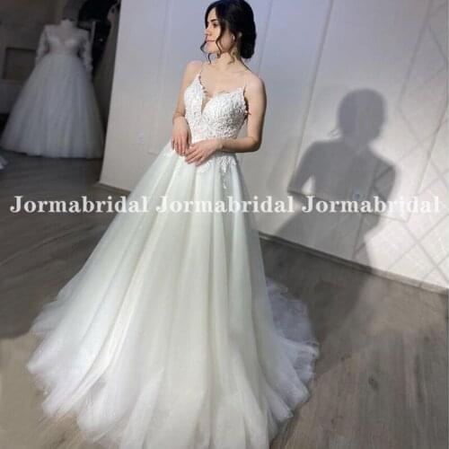 Shiny Tulle Boho Wedding Dress Illusion White Appliques Spaghetti Straps A Line Beach Bridal Dresses Gown Vestidos De Novia