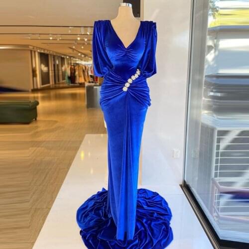 Elegant Royal Blue Prom Dresses V Neck Lace Flower With Train Velvet Evening Dressing Gowns 2021 For Pageant