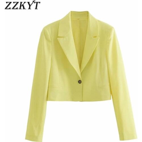 ZZKYT 2021 Women Spring Vintage Solid Pockets Short Blazers Coat Fashion Single Button Long Sleeve Outerwear Casual Chic Coat