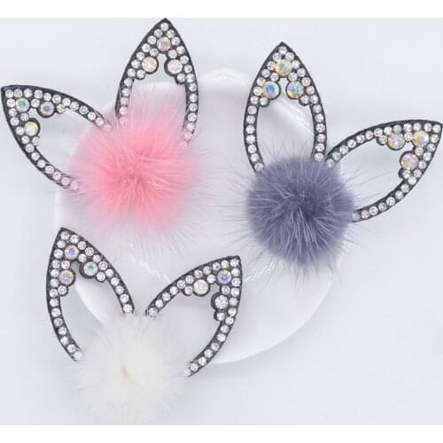 12Pcs Rhinestone Crystal Rabbit Ears with Mink Fur Ball Padded Patches Stick-on Shoes Garment Bags Hair Clips Accessories P01