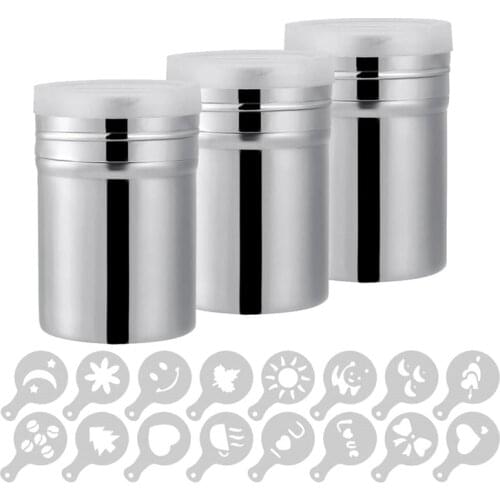3 Pack Coffee Cocoa Stainless Steel Powder Shaker with Lid,Baking Cooking Home Restaurant with Printing Molds Stencils