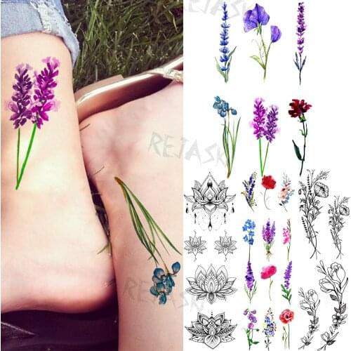 3D Watercolor Lavender Daffodil Temporary Tattoos For Women Adult Bouquet Lotus Mandala Pendant Fake Tattoo Foot Washable Tatoos