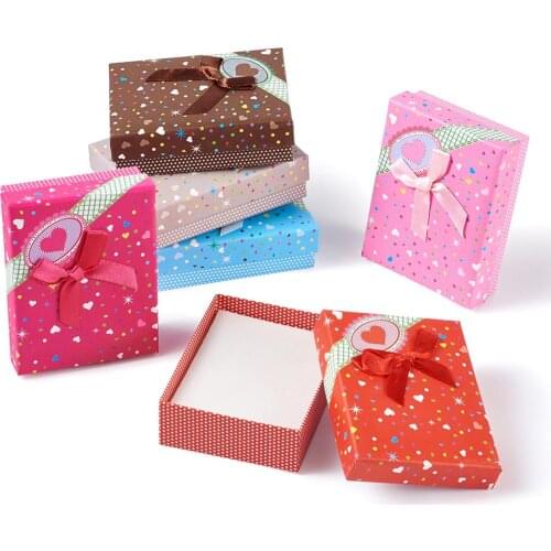 60pcs Rectangle with Heart Cardboard Jewelry Gift Boxes with Random Color Sponge Inside and Satin Ribbon Bowknots Mixed Color