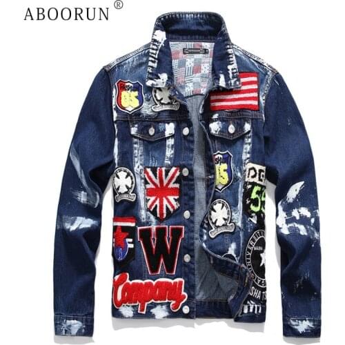 ABOORUN Hi Street Mens Fashion Denim Jacket UK Flag Embroidery Painted Denim Jacket Streetwear Coat for Male x2111