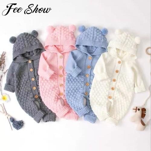 Baby Knit Rompers Cartoon Bear Knitted Autumn Newborn Boys Girls Jumpsuits Winter Hooded Wool Toddler Sweater Children Overalls