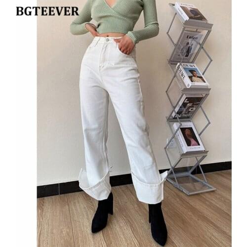 BGTEEVER Casual High Waist Straight Denim Jeans for Women 2021 Spring Fashion Split Blue Jeans Pants Female Trousers Pantalon