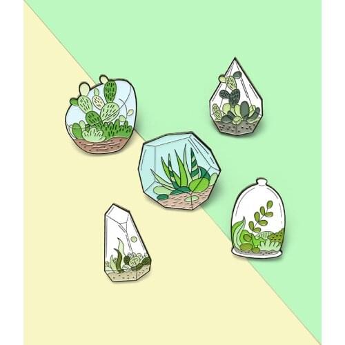 Potted Plant Enamel Pins Custom Terrarium Cactus Aloe Brooches Bag Clothes Lapel Pin Green Plant Badge Jewelry Gift for Friends