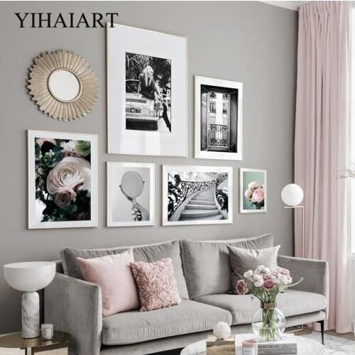 Fashion Car Woman Print Black White Window Classical Wall Art Canvas Painting Flower Picture Modern Living Room Home Decoration