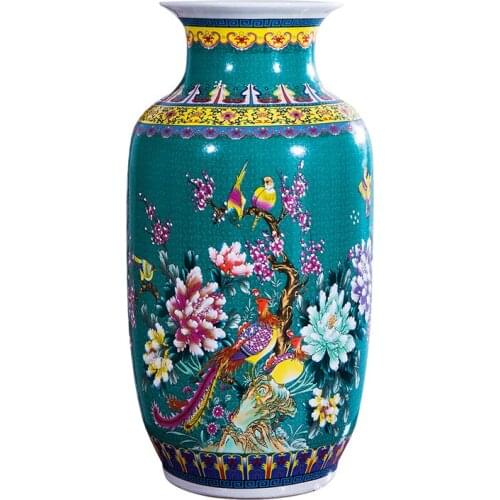 Jingdezhen ceramic Blue Green High Landing Large Vase Hundred Bird Phoenix Home Living Room Decorations Large Ornaments vase