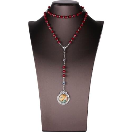 Red Prayer Beads Catholic Paternosters Rosary Virgin Mary Medal Our Lady Pendant Necklaces Religious Jewelry Baptism Gifts
