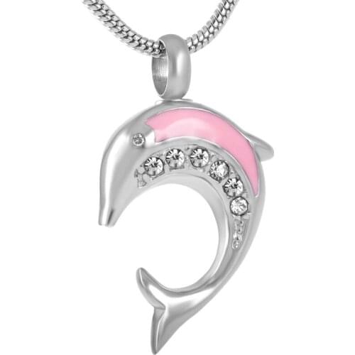 IJD8324 Stainless Steel Cute Crystal Dolphin Keepsake Pendant for Memorial Ashes Holder Locket Cremation Necklace Memory Jewelry