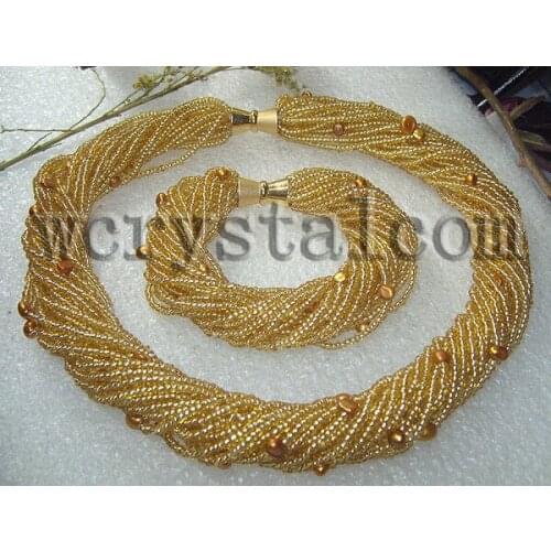 LJHMY 24 Strands GoldTiny Small Glass Beads Brown Nugget Pearl Bracelet Necklace Set