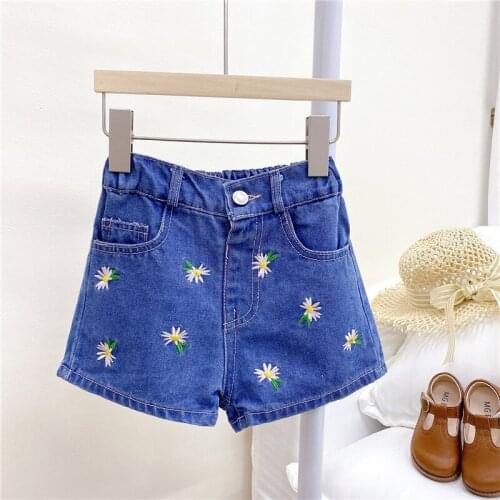 New Arrival Girls Summer Flower Denim Jeans Elastic band Short Baby Hot Trousers Pants Toddler Kids Buttons Shorts