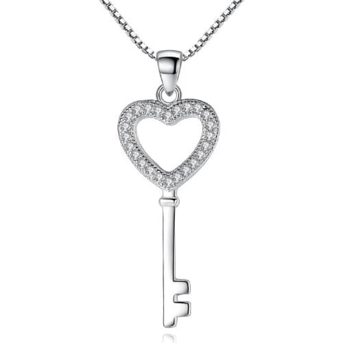 Lovely 925 sterling silver Jewelry CZ Zircon Crystal Heart Key Pendant Necklace For Women Gift Box Chain Collares Mujer
