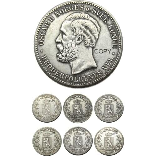 Norway 2 Kroner A set of(1878-1902) 6pcs Silver-Plated Coin COPY