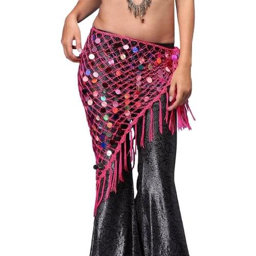 Cheap Belly Dance Clothes Accessories Stretchy Long Tassel Triangle Belt Hand Crochet Sequin Belly Dance Hip Scarf Coin Belt