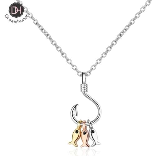 Dreamhonor Simple Temperament 925 Sterling Silver Fish Hook Rose Gold Three Small Fish Pendant Necklaces Jewelry Accessory