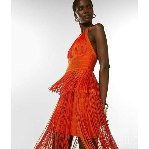 Sexy Halter-neck Orange Bodycon Dress Sleeveless Stitching Tassels Waist Summer Elegant Women Bandage Paryt Dress Vestidos