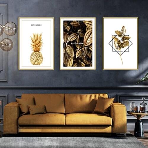Nordic Golden plants pineapple leaves wall art Canvas posters Painting Prints luxury art Pictures for Living Room Morden Decor