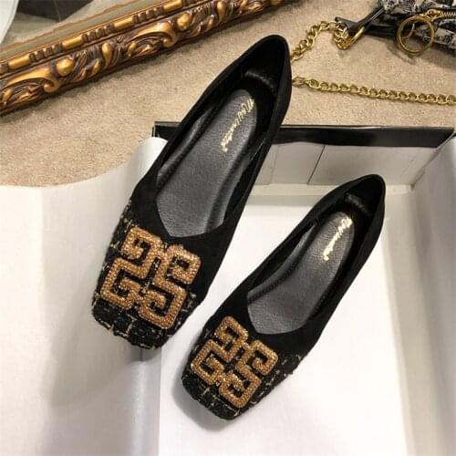 Large Size Rhinestone Square Toe Casual Womens Flat Shoes Breathable Womens Shoes Loafers Luxury Zapatos Casual Womens Shoes