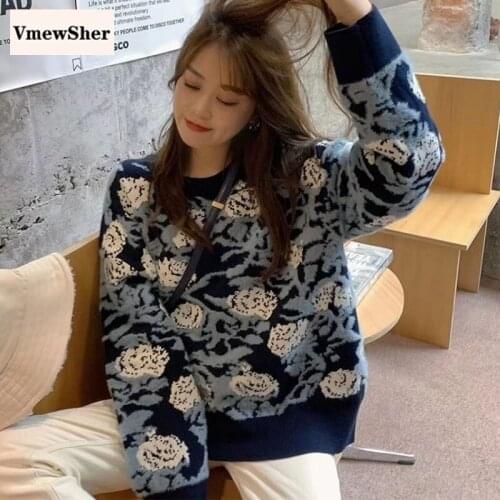 VmewSher New Autumn Winter Floral Sweater Womeno Neck Loose Knitted Vintage Long Sleeve Pullover Female Jumper Flower Knitwear
