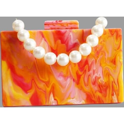 Pearl Marble Orange Acrylic Box Women Bag For Messenger Shoulder Bags Crossbody Bags Handbags Famous Brand Evening Wallet Purse