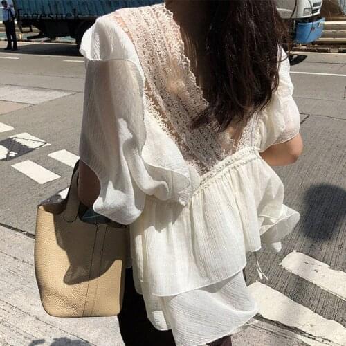 Summer Big V-neck Chiffon Blouses and Shirt Ruffle Stitching Loose Lace Blouse Women Sexy Backless Short Sleeve Top Female 15336