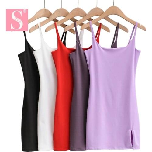 STVY 2020 Summer Women Sexy Sheath Bodycon Sleeveless Solid Spaghetti Strap Elastic Mini Dress For Club Female 5 Colors