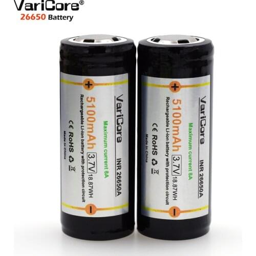 2PCS VariCore Protection 26650 5100mAh 3.7V Li-lon Rechargeable Battery with PCB 8A 3.6V Power batteries for Flashlight