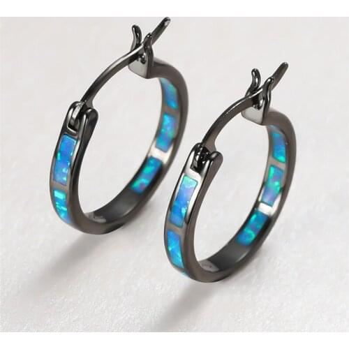 White Blue Opal Stone Hoop Earrings For Women Vintage Fashion Black Gold Round Circle Earrings Female Wedding Birthstone Jewelry