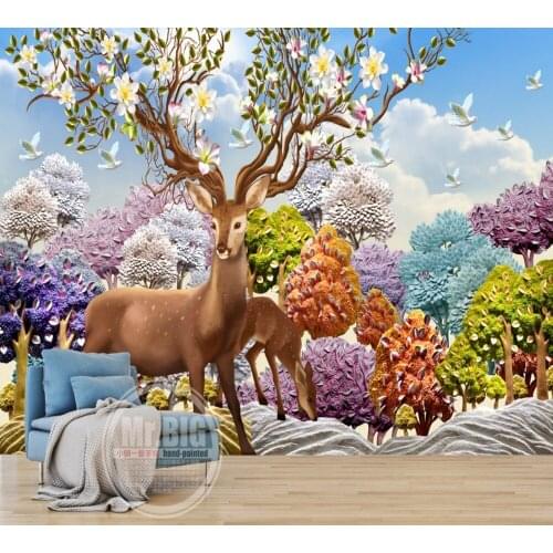 Free Shipping Nordic 3D Anaglyph Fantasy Forest Deer Sofa TV Background Wall Painting Colorfull Wallpaper Custom 3d Mural